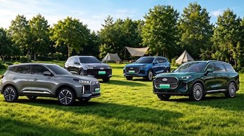 Imagen de cuatro SUVs compactos Chery de distintos colores (gris, negro, azul, verde oscuro) en un prado con árboles y tiendas al fondo