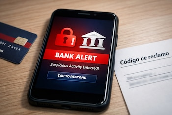 Un teléfono móvil muestra una alerta bancaria, junto a una tarjeta bancaria y un papel con el título Código de reclamo sobre una mesa de madera.