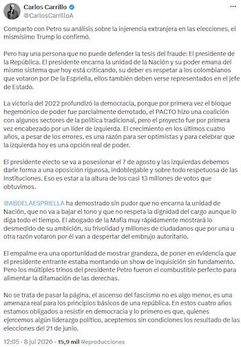 Carlos Carrillo exigió respeto institucional y advirtió sobre riesgos para la democracia tras las elecciones - crédito @CarlosCarrilloA/X