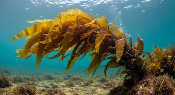 Un denso grupo de algas marinas de color marrón dorado se balancea bajo el agua en un océano azul claro, con rayos de sol iluminando el lecho marino rocoso.