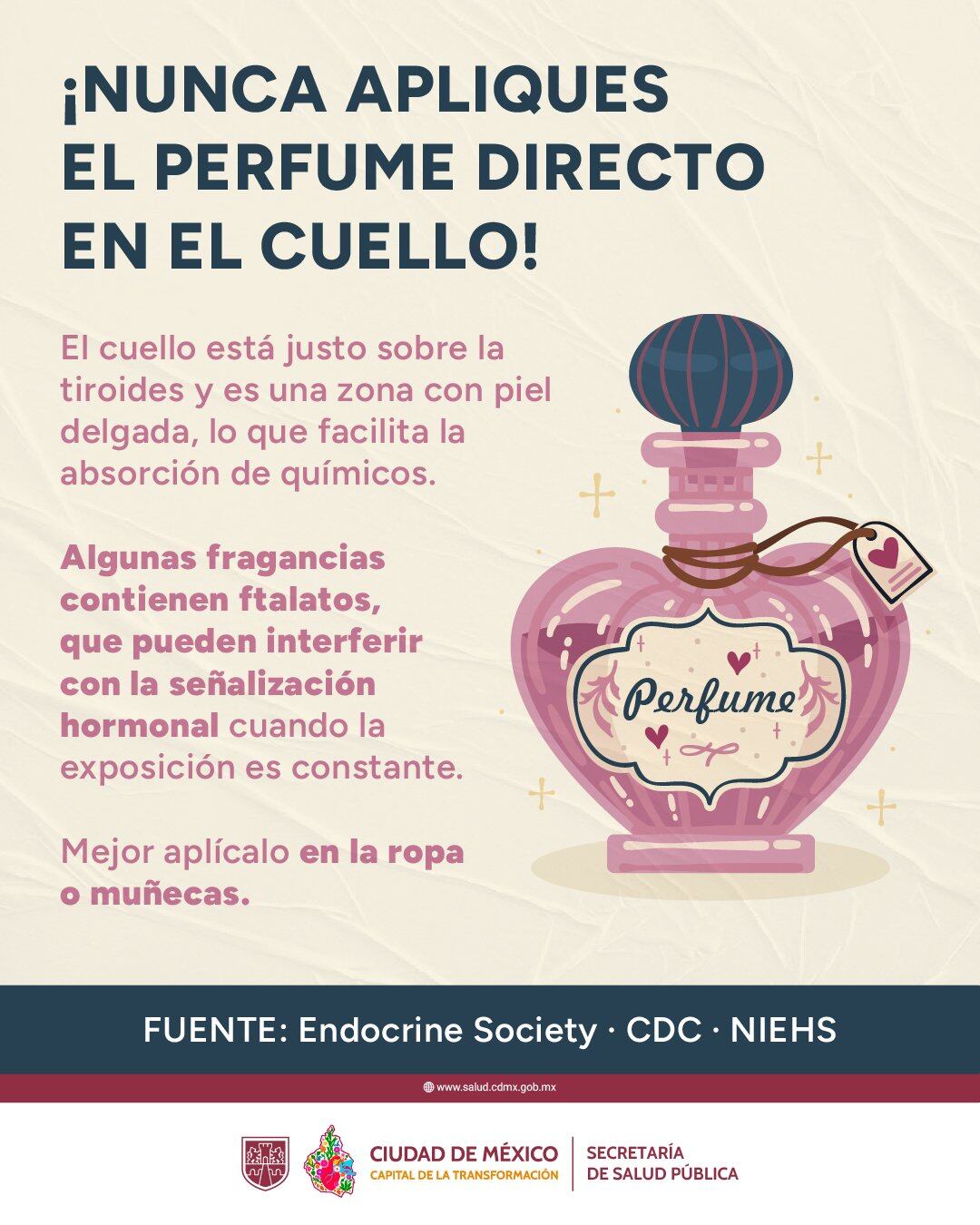 La exposición crónica a ftalatos a través del perfume puede afectar la reproducción, el desarrollo fetal y provocar cambios metabólicos (X/@SSaludCdMx)