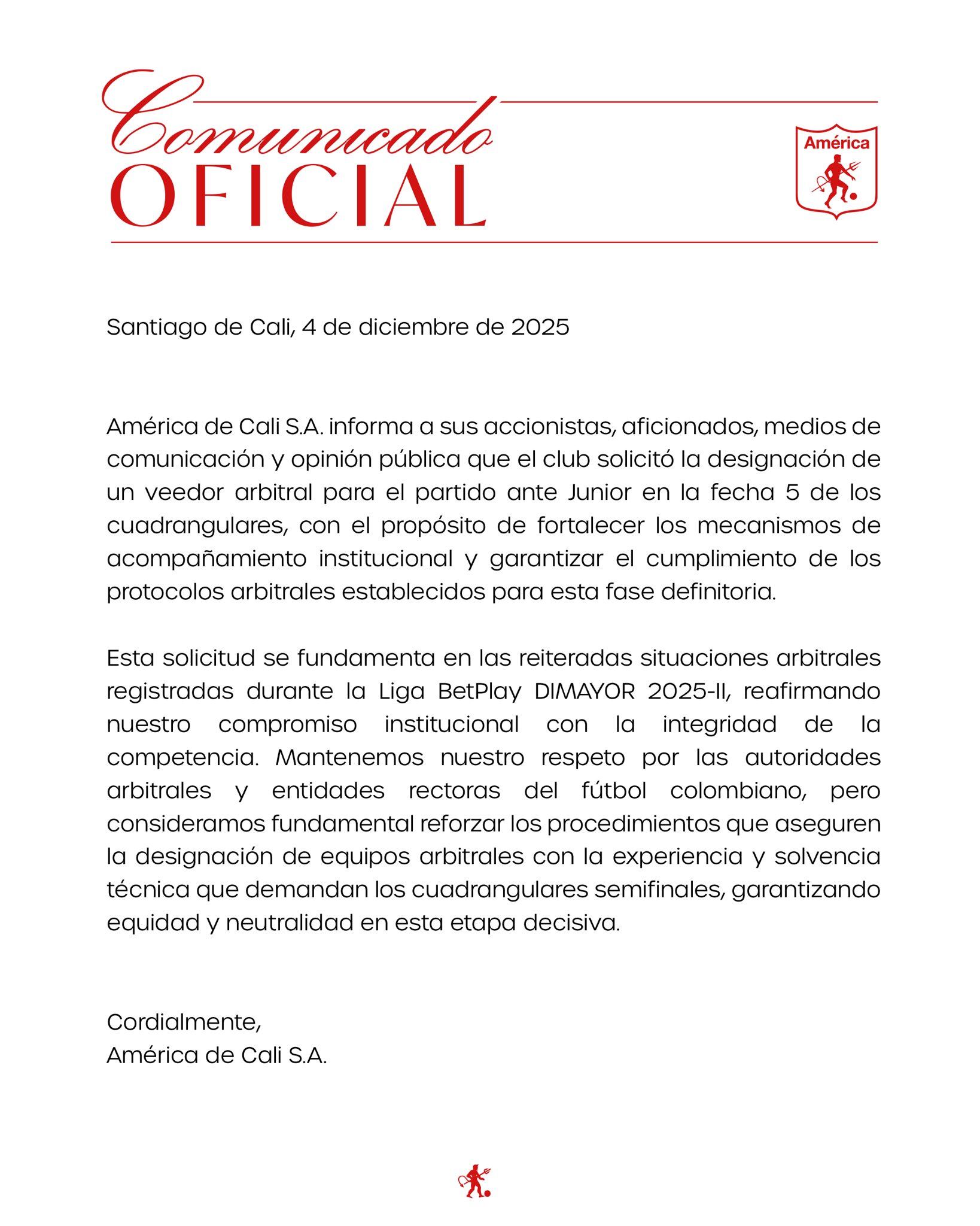 A la Dimayor llegó la solicitud para que la FCF coloque un veedor arbitral para el partido Junior vs. América - crédito América de Cali