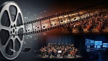 Collage que muestra la evolución de la música de cine, con un rollo de película, notas musicales, una orquesta sinfónica y un estudio con sintetizadores.