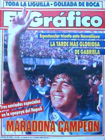 Tapa de la revista El Gráfico, con Maradona campeón con el Nápoli