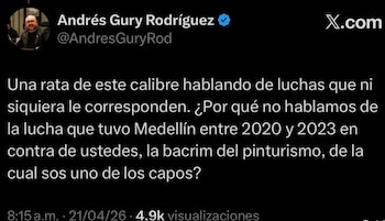 El 21 de abril de 2026, Andrés 'Gury' Rodríguez estalló en contra de Esteban Restrepo - crédito @AndresGuryRod/X