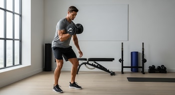 Hombre atlético en camiseta gris y shorts negros levanta una mancuerna ajustable en un gimnasio doméstico. Al fondo, banco de pesas y ventana.