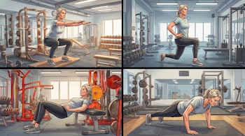 Imagen dividida en cuatro, mostrando a una mujer de mediana edad haciendo sentadillas, zancadas, empujes de cadera y flexiones en un gimnasio.