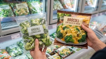 Dos manos sostienen dos paquetes de brócoli congelado, uno transparente con vegetales y otro con una etiqueta de brócoli con salsa de queso.