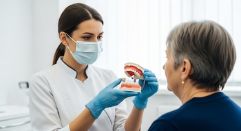 Una odontóloga y una paciente mayor en un consultorio. La odontóloga usa mascarilla, guantes, y muestra una maqueta de maxilar con implante dental.