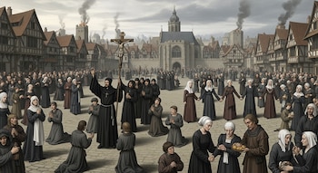 Una plaza medieval llena de gente con túnicas, un sacerdote levantando un crucifijo, otros de rodillas o tomados de las manos, con edificios y humo en el fondo.