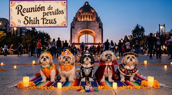 Cinco perros shih tzu disfrazados descansan sobre un sarape con velas y flores frente al Monumento a la Revolución iluminado al atardecer.