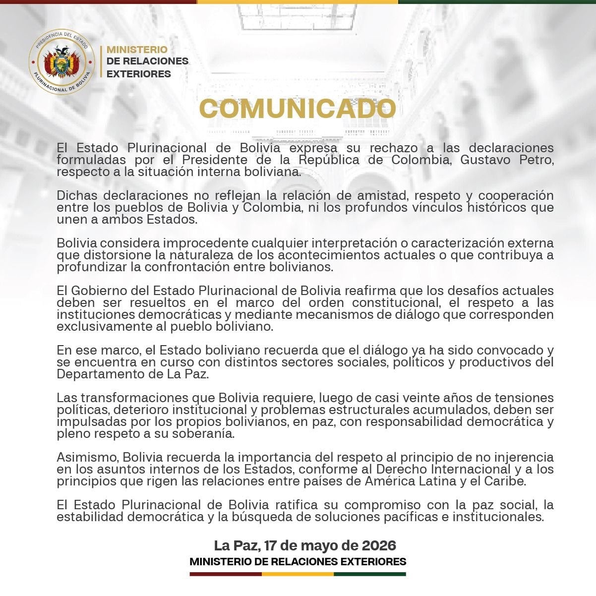 El Gobierno boliviano rechazó las afirmaciones del mandatario colombiano y defendió el principio de no injerencia. - corpecito cancillería