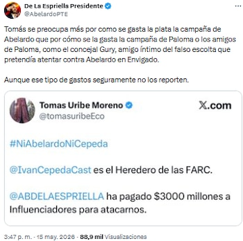 Cuenta De la Espriella Presidente respondió a Tomás Uribe y señaló a concejal Gury por gastos de campaña no reportados - crédito @tomasuribeEco/X - @AbelardoPTE/X
