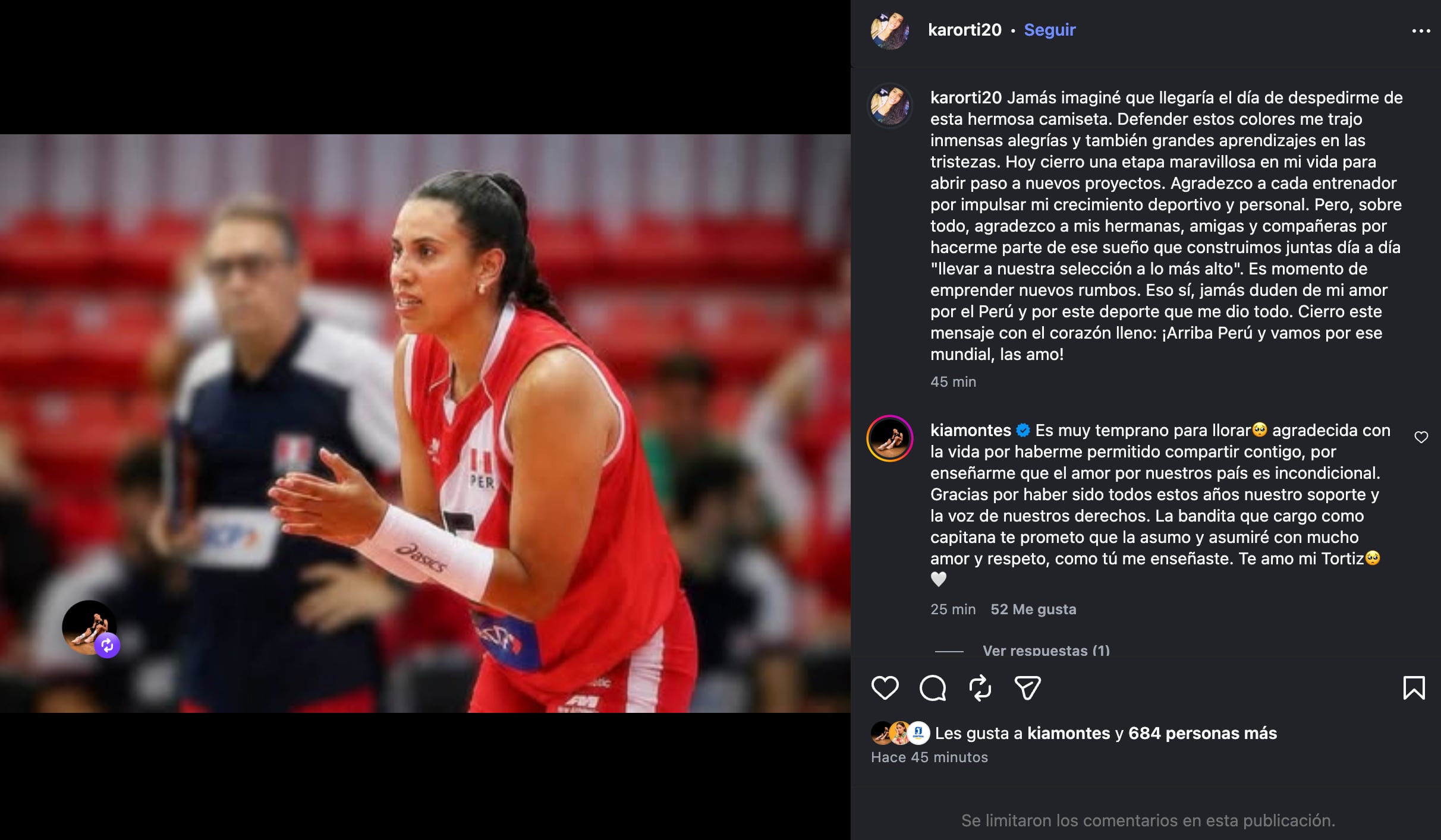 Karla Ortiz se despidió de la selección peruana de vóley. Crédito: Captura Instagram.
