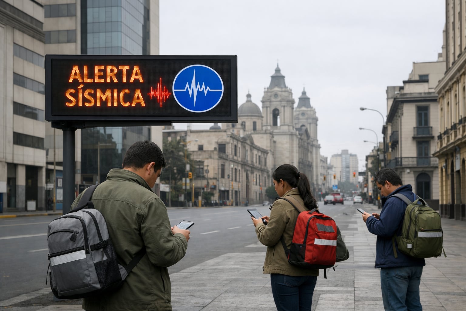 Un cartel digital en una ciudad peruana muestra una alerta sísmica del IGP mientras tres personas consultan sus teléfonos y llevan mochilas de emergencia. (Imagen Ilustrativa Infobae)