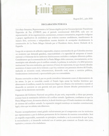 Esta es la carta en la que mayorías de los representantes de las curules de paz manifestaron su apoyo a De la Espriella - crédito @JorgeRodrigoTV/X