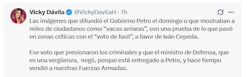 Vicky Dávila afirmó en redes sociales que hubo coacción electoral en municipios como Istmina y Mistrató a favor de Iván Cepeda - crédito X
