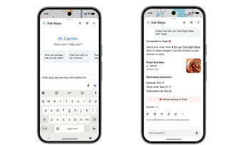 Dos pantallas de iPhone mostrando la aplicación Google Maps. La pantalla izquierda presenta un asistente de chat y teclado; la derecha, el resumen de un pedido de comida