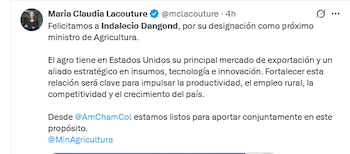 María Claudia Lacouture felicitó al nuevo ministro - crédito @mlacouture/X