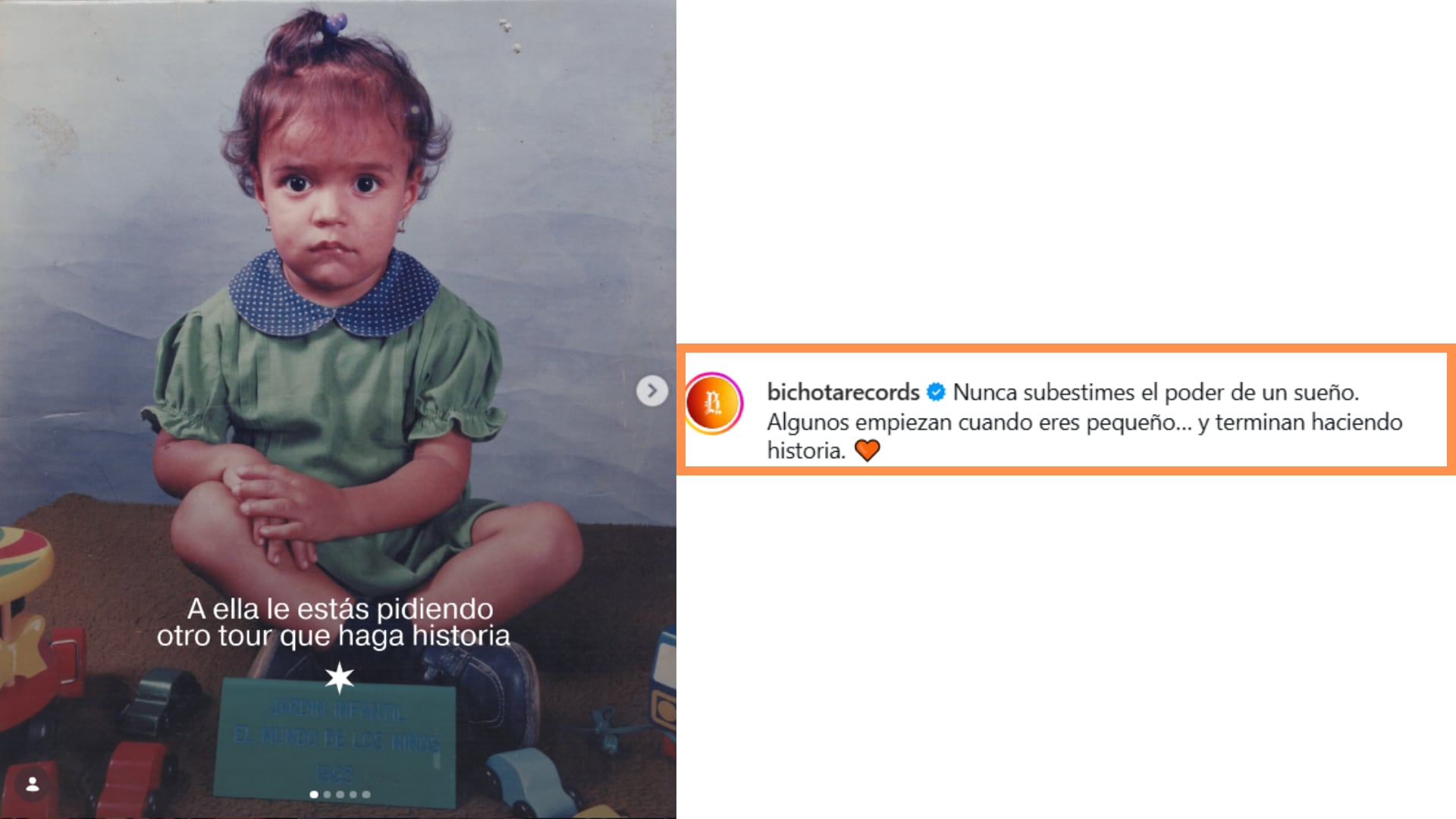 Cuentas como Bichota Records y Karolgtour publicaron una imagen de Karol G de niña con un mensaje que dio pistas sobre el tour -crédito @bichotarecords/ Instagram