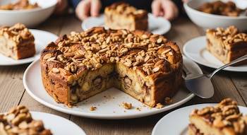 Un budín de pan redondo con nueces y almendras, una porción cortada y varias porciones individuales en platos blancos sobre una mesa de madera con manos.