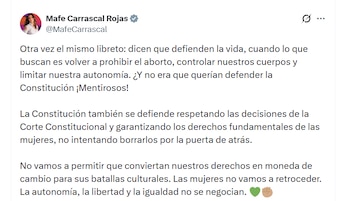 Mafe Carrascal rechazó el proyecto de acto legislativo que busca prohibir el aborto en Colombia mediante una reforma a la Constitución - crédito @MafeCarrascal/X