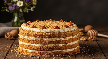 Pastel Medovik con capas de bizcocho de miel y crema, cubierto con nueces molidas, gotas de caramelo y jarabe de miel. Sobre una mesa de madera rústica con nueces.
