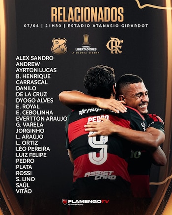 El grupo de jugadores que tendrá el técnico Leonardo Jardim (que no estará en la raya técnica) para su visita a Colombia-crédito @Flamengo/X