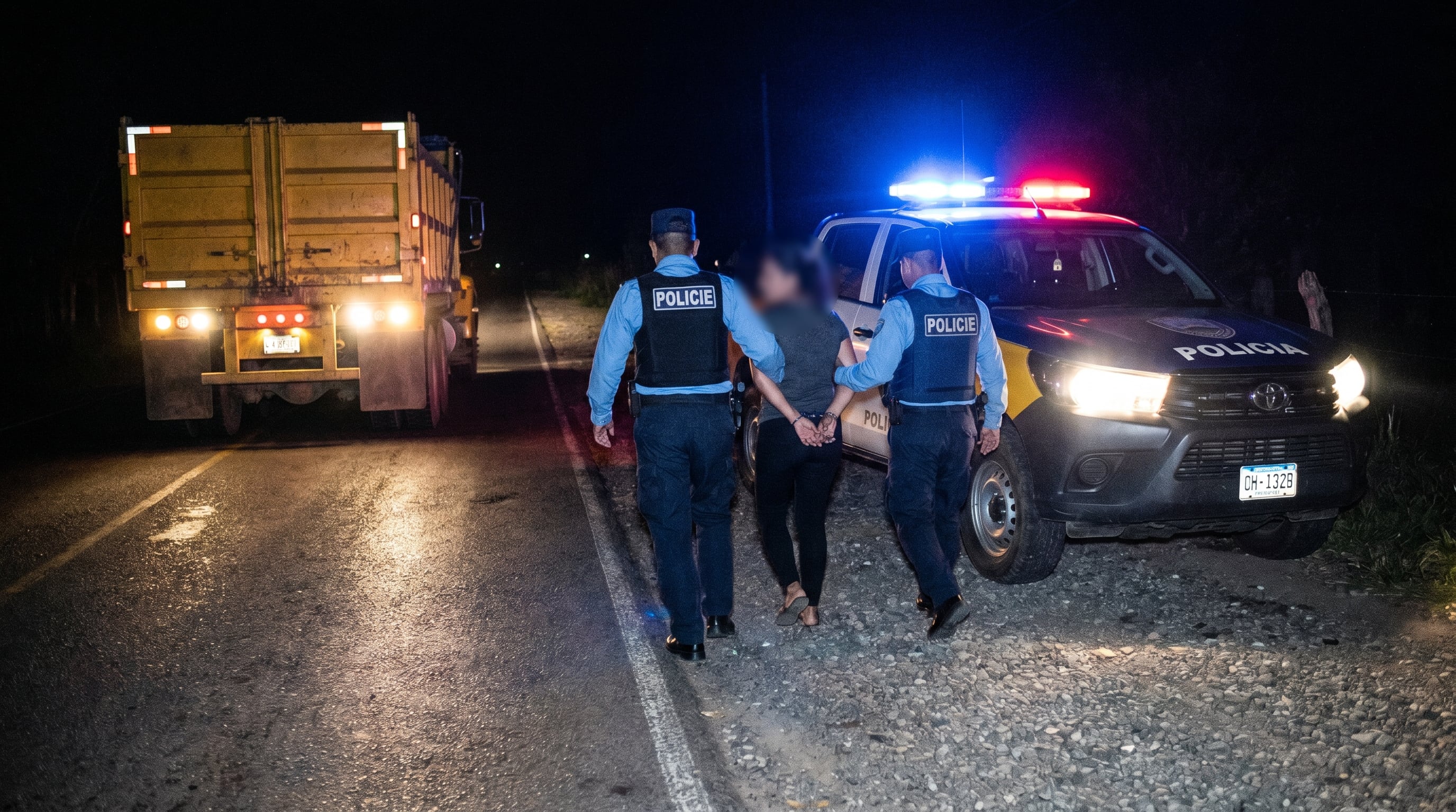 Dos agentes de policía hondureños acompañan a una mujer, posiblemente detenida, hacia una patrulla en una carretera rural de Honduras durante un operativo nocturno, con un camión de carga estacionado cerca. (Imagen Ilustrativa Infobae)