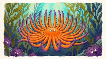 Caricatura de estrella de mar girasol naranja con 24 brazos y puntas moradas en un bosque de kelp verde oliva. Erizos morados con caras de sorpresa huyen.