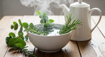 Cuenco blanco con agua caliente y vapor, ramas de eucalipto y romero, tetera blanca y ramitas sobre una mesa de madera.
