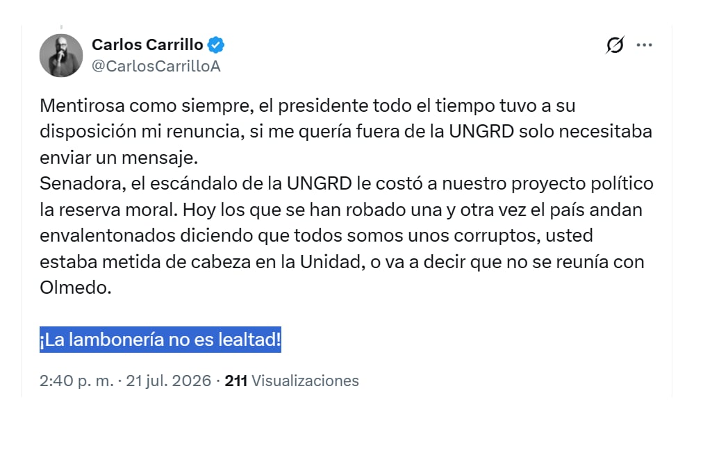 En una nueva réplica, el exdirector de la Ungrd Carlos Carrillo reaccionó a la defensa de la senadora Martha Peralta, que negó que esté vinculada al escándalo de la entidad - crédito @CarlosCarrilloA/X