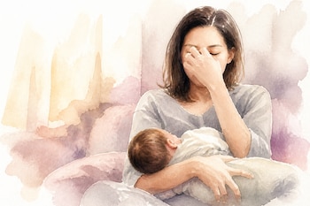Una madre sostiene a su recién nacido en brazos mientras coloca una mano sobre su rostro en una representación sobre el agotamiento posparto - crédito