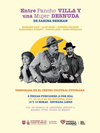 Cartel teatral con tres personas, una caracterizada como combatiente revolucionario, con títulos y fechas de presentación sobre fondo claro