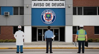 Fachada del edificio municipal de Hialeah con un cartel "Aviso de deuda" y el logo de la ciudad. Tres figuras de espaldas, un doctor, un empresario y un administrador, en primer plano.