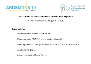 La orden del día presenta los temas a tratar en la 24ª Asamblea de Gobernadores del Norte Grande Argentino, que se celebrará en Posadas, Misiones, el 12 de agosto de 2026.
