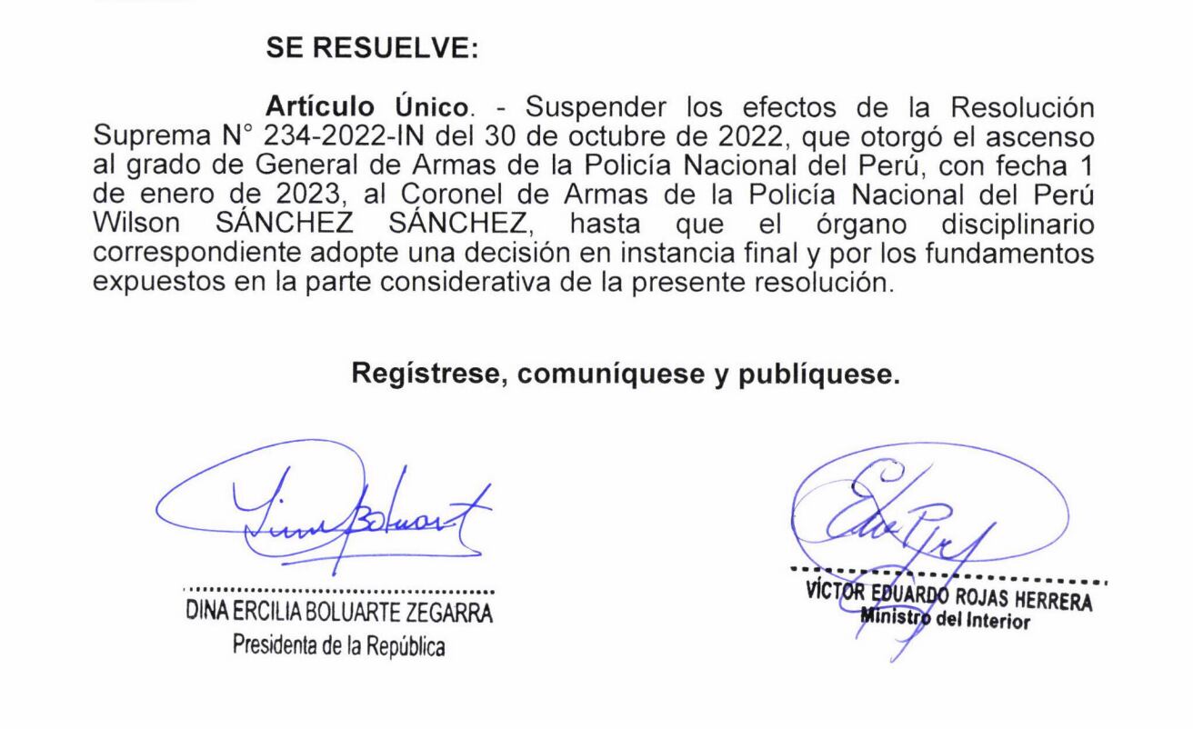Wilson Sánchez fue ascendido a general en 2023, pero esto fue suspendido hasta junio de 2024.