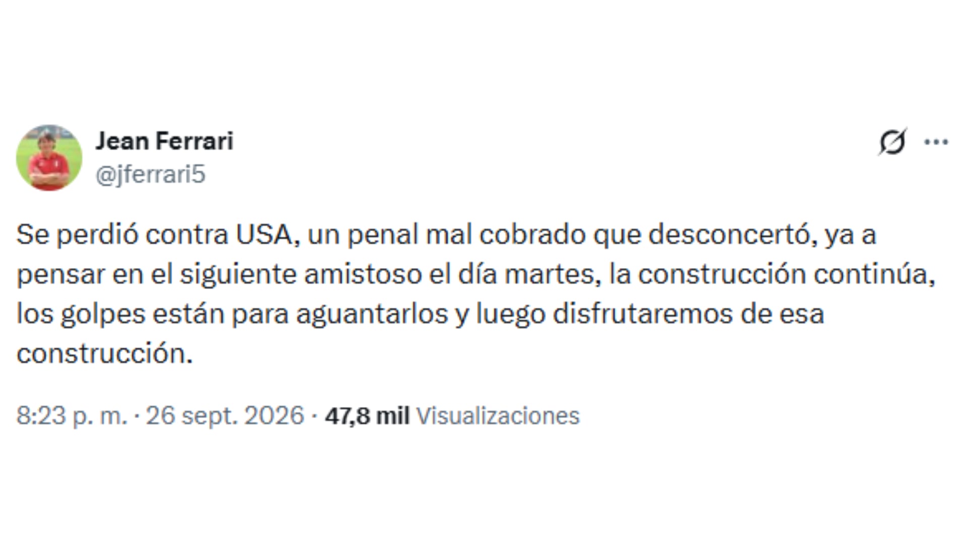 La publicación de Jean Ferrari tras la derrota ante Estados Unidos. Crédito: Captura X