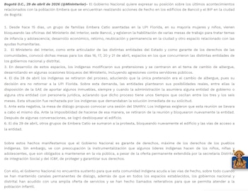 El Gobierno manifestó preocupación por la presencia de menores de edad durante los disturbios y reiteró el compromiso de mantener abiertos los canales de diálogo con la comunidad embera - crédito Ministerio del Interior