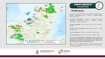 Mapa meteorológico de radar del sureste de México con zonas en color verde, amarillo y rojo, junto a texto explicativo y logotipos oficiales