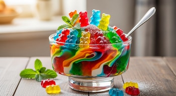 Un recipiente de vidrio contiene gelatina de capas de colores con osos de gomita rojos, azules, verdes, amarillos y naranjas, azúcar en polvo y hojas de menta, con una cuchara dentro.