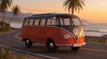 Furgoneta Volkswagen T1 bicolor rojo y negro con techo solar en una carretera costera curvada. Al fondo, palmeras, el océano y montañas bajo un cielo anaranjado al atardecer.