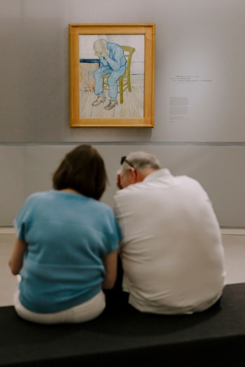 Visitors pausing in front of van Gogh’s “At Eternity’s Gate” at the new exhibition “Van Gogh: All Our Paintings” at the Kröller-Müller Museum in Otterlo, the Netherlands, Sept. 15, 2026. The collection reflects he artist’s development, range and spiritual aspirations. (Ilvy Njiokiktjien/The New York Times)