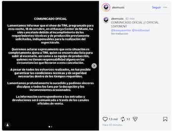 El comunicado de la productora a cargo del show de Tini Stoessel en Miami (Instagram)