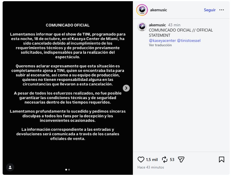 La productora Ake Music atribuyó la suspensión al incumplimiento de requerimientos técnicos y de producción indispensables