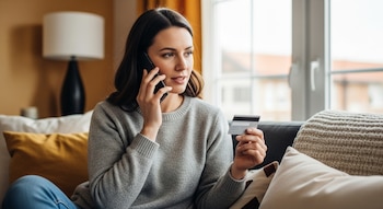 Mujer joven con suéter gris y jeans azules, sentada en un sofá, habla por un teléfono móvil negro y sostiene una tarjeta de crédito. Hay cojines y una lámpara al fondo.