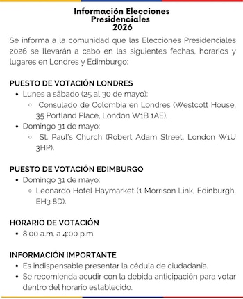 Para votar, los colombianos deben presentar su cédula original o digital y haberla inscrito previamente en el censo electoral exterior - crédito Colombian Embassy UK/X