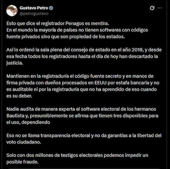 La transparencia en el sistema electoral requiere la propiedad estatal y la auditoría independiente del software, según Gustavo Petro - crédito @petrogustavo/X