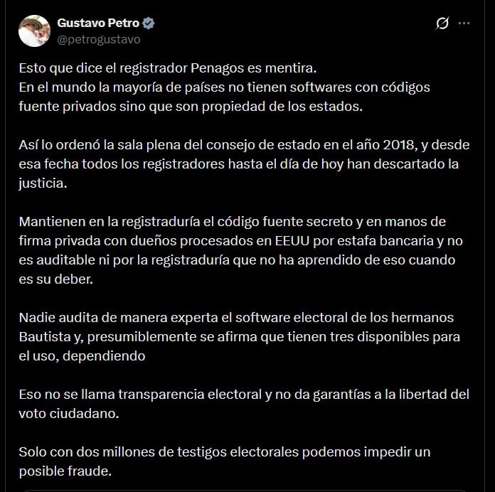 El expresidente emitió varias publicaciones cuestionando la legalidad de las elecciones de 2026 - crédito @petrogustavo/X
