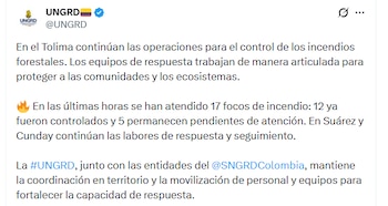 Balance atención incendios forestales en Tolima - crédito @UNGRD/X